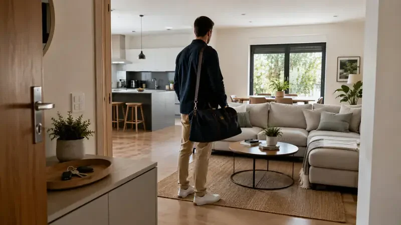 Pessoa prepara-se para sair de uma habitação moderna depois de verificar portas, janelas e equipamentos da casa.