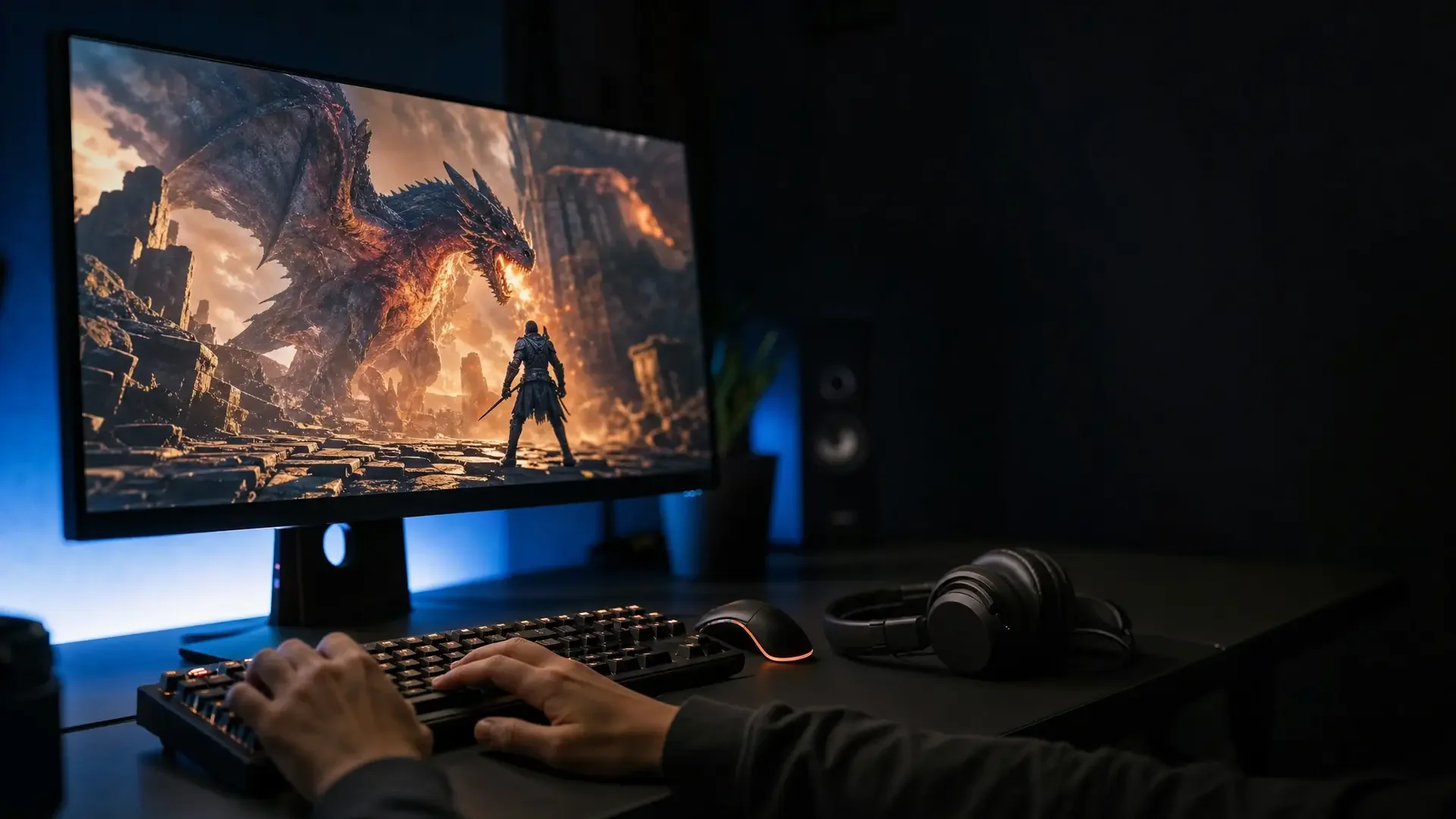 Jogadores competitivos em arena de esports com estações de jogo iluminadas